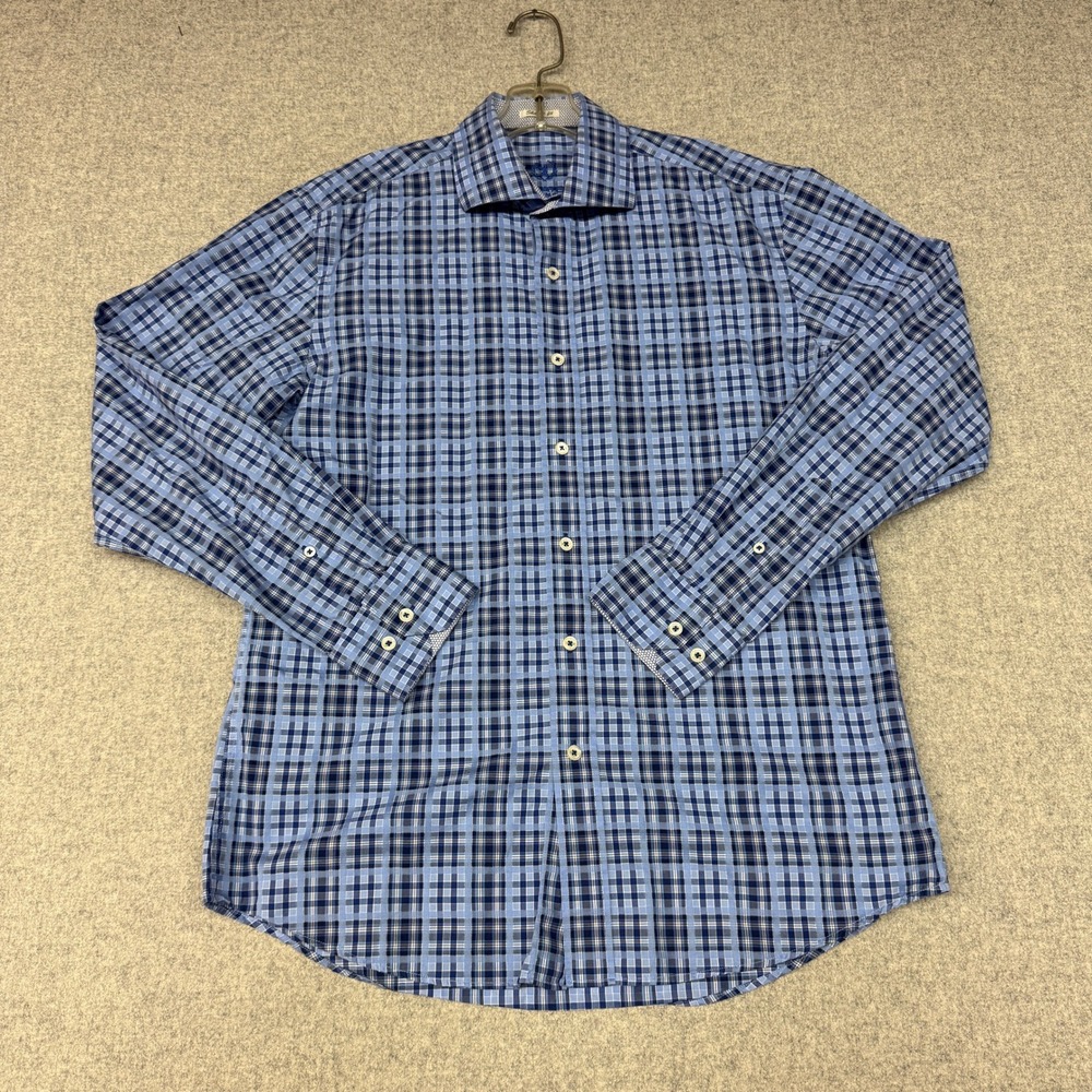 Bugatchi Uomo | Button Down Shirt | Medium | Blue Plaid | Shaped Fit 100% Cotton